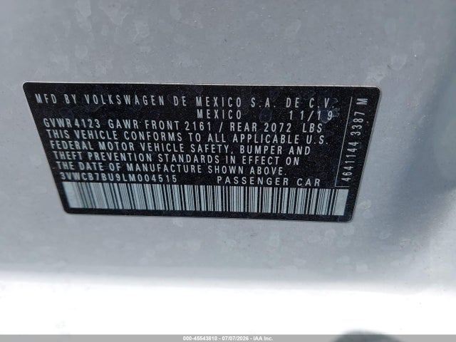 45543818 :رقم المزاد ، 3VWCB7BU9LM004515 vin ، 2020 Volkswagen Jetta 1.4t R-line/1.4t S/1.4t Se مزاد بيع