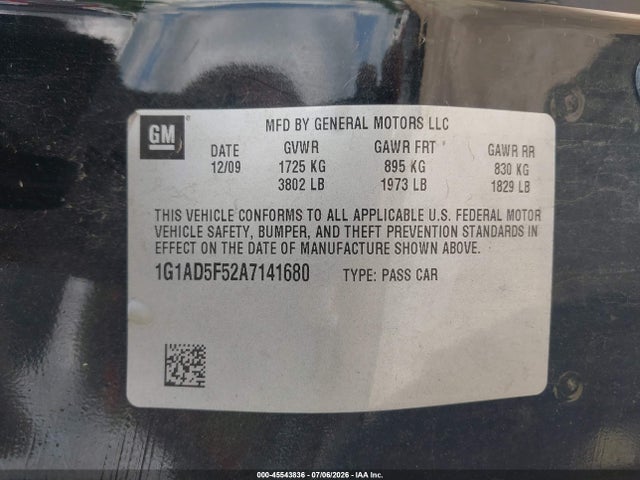 Aukcja sprzedaży 2010 Chevrolet Cobalt Lt, vin: 1G1AD5F52A7141680, numer aukcji: 45543836