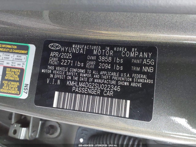 45543838 :رقم المزاد ، KMHLM4DG2SU022346 vin ، 2025 Hyundai Elantra Sel Sport مزاد بيع
