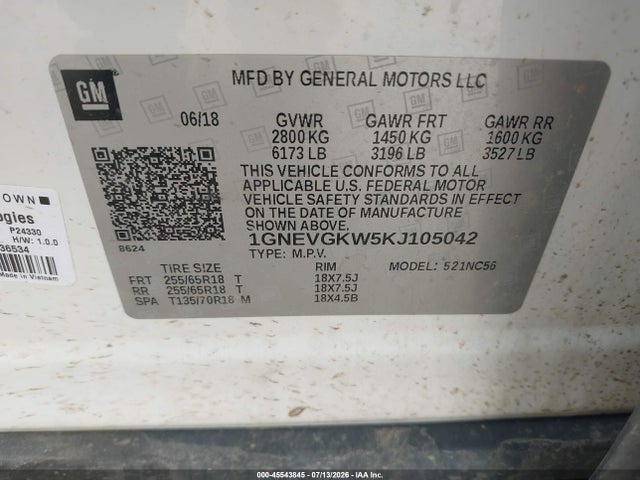 Продажа на аукционе авто 2019 Chevrolet Traverse 1lt, vin: 1GNEVGKW5KJ105042, номер лота: 45543845