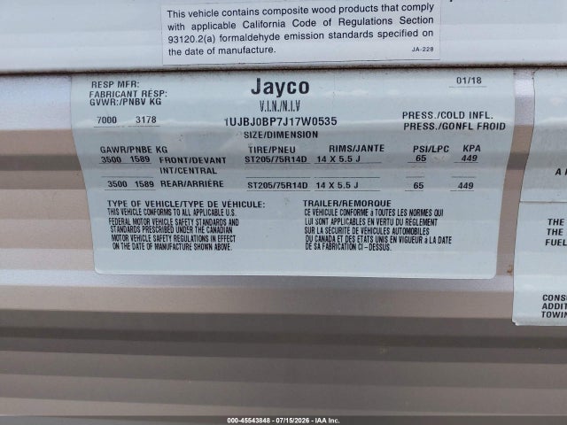 Aukcja sprzedaży 2018 Jayco Jay Flight, vin: 1UJBJ0BP7J17W0535, numer aukcji: 45543848