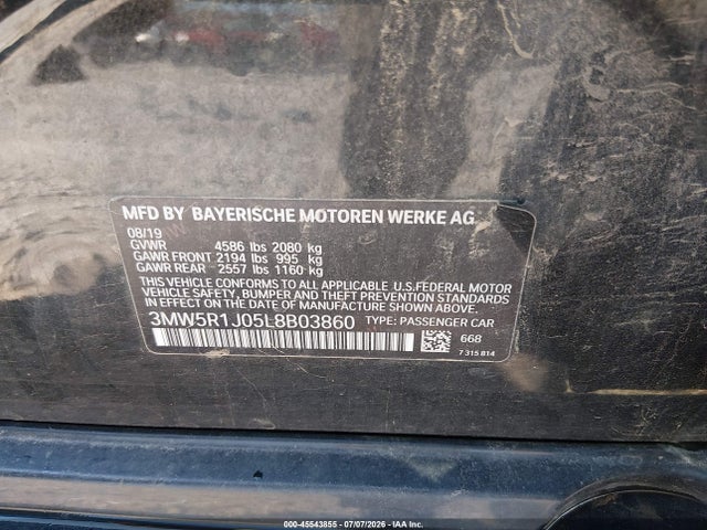 2020 Bmw 330i მანქანა იყიდება აუქციონზე, vin: 3MW5R1J05L8B03860, აუქციონის ნომერი: 45543855