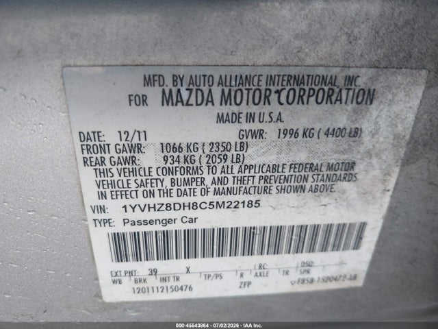 Продажа на аукционе авто 2012 Mazda Mazda6 I Touring, vin: 1YVHZ8DH8C5M22185, номер лота: 45543864