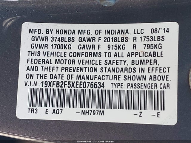 Honda Civic Lx 2014 19XFB2F5XEE076634 Image 9