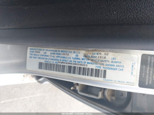 Продажа на аукционе авто 2003 Volkswagen Jetta Gl, vin: 3VWRK69M43M009003, номер лота: 45543907
