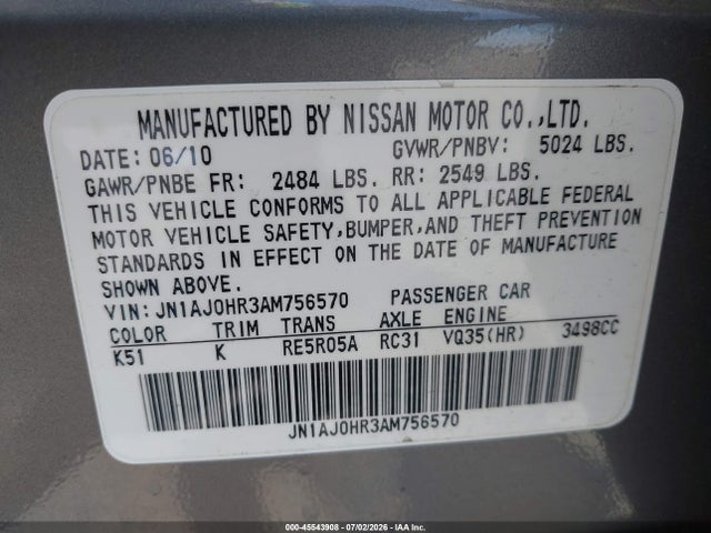 Продажа на аукционе авто 2010 Infiniti Ex35 Journey, vin: JN1AJ0HR3AM756570, номер лота: 45543908