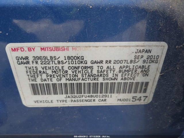 2011 Mitsubishi Lancer Es მანქანა იყიდება აუქციონზე, vin: JA32U2FU4BU012911, აუქციონის ნომერი: 45543912
