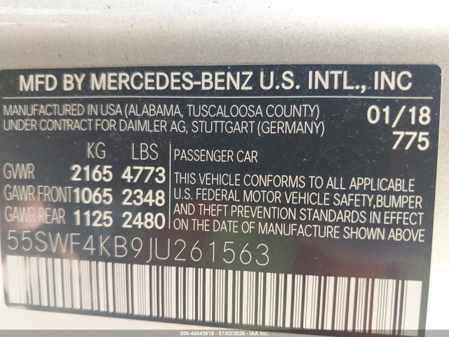 2018 Mercedes-benz C 300 4matic მანქანა იყიდება აუქციონზე, vin: 55SWF4KB9JU261563, აუქციონის ნომერი: 45543919