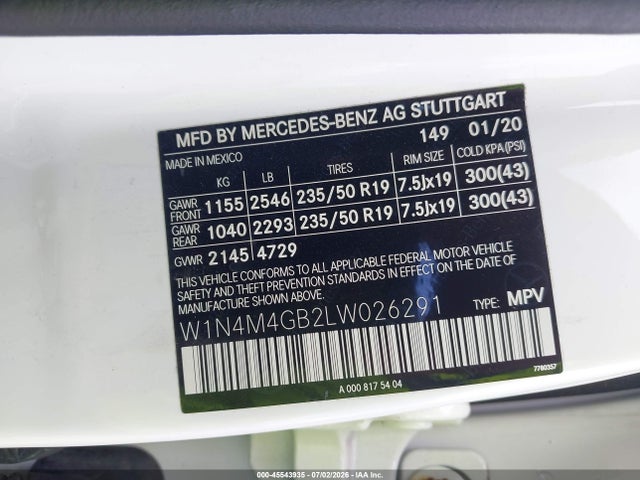 Продаж на аукціоні авто 2020 Mercedes-benz Glb 250, vin: W1N4M4GB2LW026291, номер лоту: 45543935