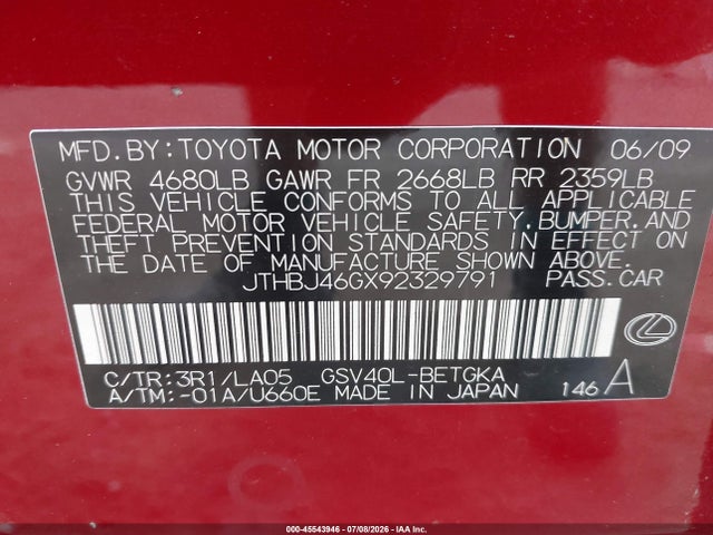 Aukcja sprzedaży 2009 Lexus Es 350, vin: JTHBJ46GX92329791, numer aukcji: 45543946
