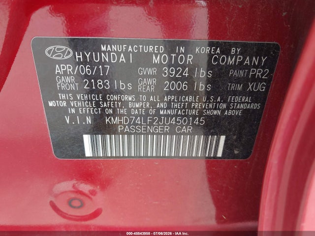 Aukcja sprzedaży 2018 Hyundai Elantra Se, vin: KMHD74LF2JU450145, numer aukcji: 45543958