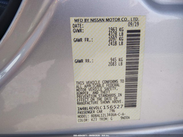2020 Nissan Altima Sl Fwd მანქანა იყიდება აუქციონზე, vin: 1N4BL4EV0LC156527, აუქციონის ნომერი: 45543971