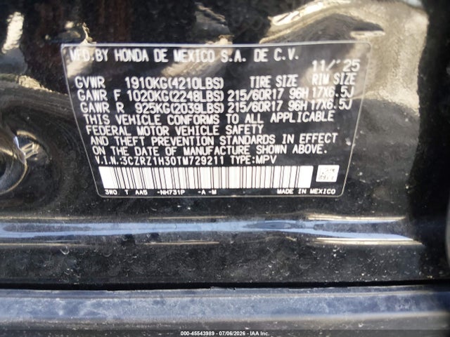 2026 Honda Hr-v 2wd Lx მანქანა იყიდება აუქციონზე, vin: 3CZRZ1H30TM729211, აუქციონის ნომერი: 45543989