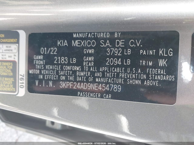 45544026 :رقم المزاد ، 3KPF24AD9NE454789 vin ، 2022 Kia Forte Lxs مزاد بيع