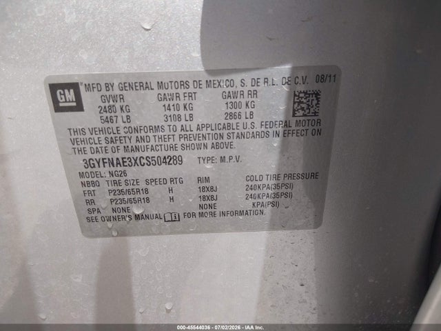 Продаж на аукціоні авто 2012 Cadillac Srx Luxury Collection, vin: 3GYFNAE3XCS504289, номер лоту: 45544036