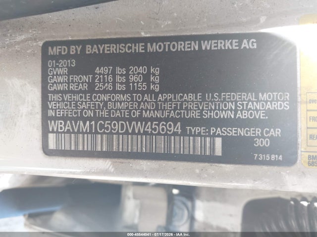 Aukcja sprzedaży 2013 Bmw X1 Sdrive28i, vin: WBAVM1C59DVW45694, numer aukcji: 45544041
