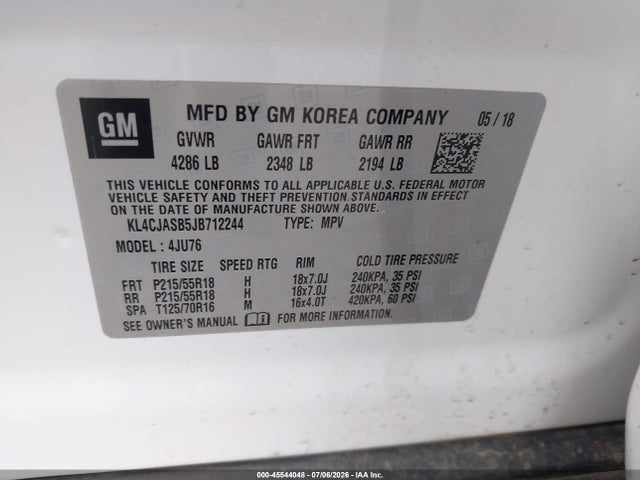 Aukcja sprzedaży 2018 Buick Encore Preferred, vin: KL4CJASB5JB712244, numer aukcji: 45544048