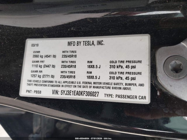 Продаж на аукціоні авто 2019 Tesla Model 3, vin: 5YJ3E1EA0KF306027, номер лоту: 45544054