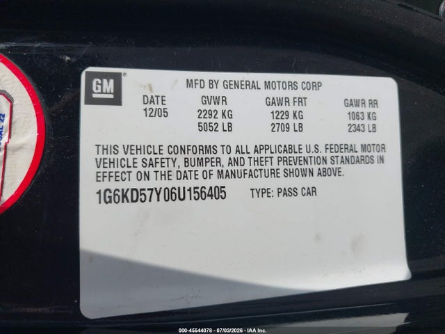 2006 Cadillac Dts 1sb მანქანა იყიდება აუქციონზე, vin: 1G6KD57Y06U156405, აუქციონის ნომერი: 45544078