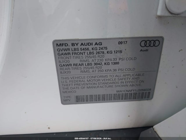 Продажа на аукционе авто 2018 Audi Q5, vin: WA1CNAFY1J2058328, номер лота: 45544107