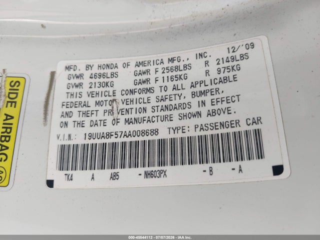 45544112 :رقم المزاد ، 19UUA8F57AA008688 vin ، 2010 Acura Tl 3.5 مزاد بيع