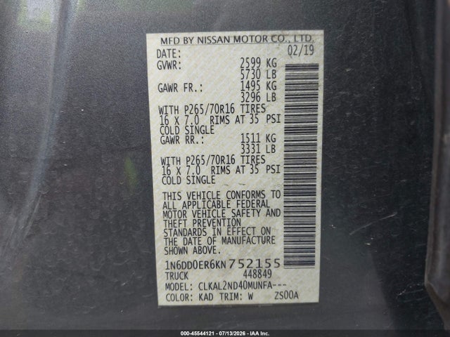 Nissan Frontier Sv 2019 1N6DD0ER6KN752155 Image 9