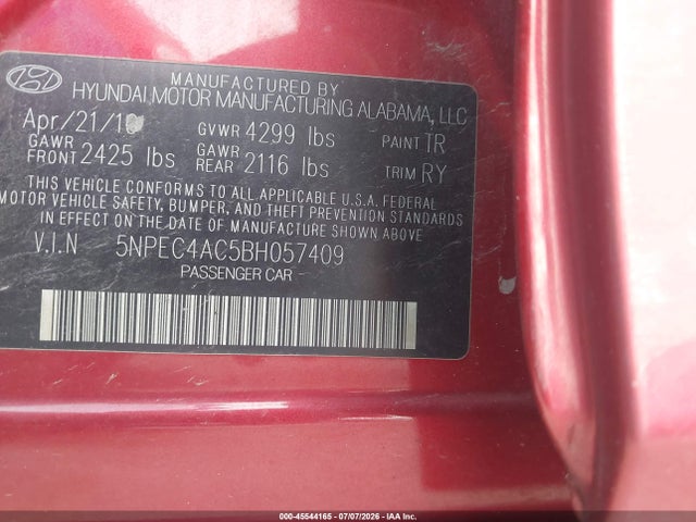 Aukcja sprzedaży 2011 Hyundai Sonata Se, vin: 5NPEC4AC5BH057409, numer aukcji: 45544165