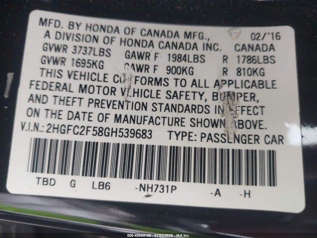 Honda Civic Lx 2016 2HGFC2F58GH539683 Image 9