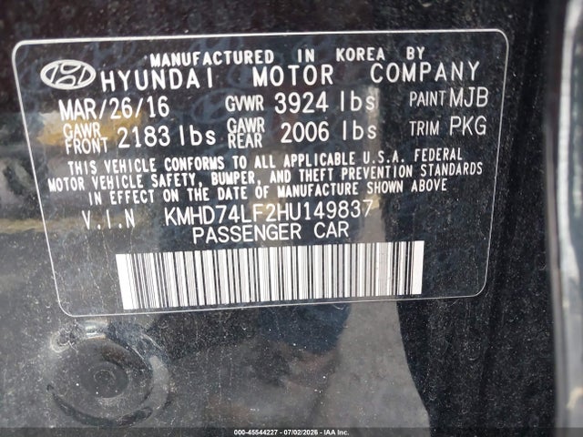 Продаж на аукціоні авто 2017 Hyundai Elantra Se, vin: KMHD74LF2HU149837, номер лоту: 45544227