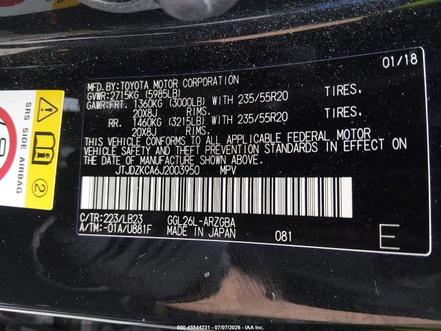 Aukcja sprzedaży 2018 Lexus Rx 350l Premium, vin: JTJDZKCA6J2003950, numer aukcji: 45544231