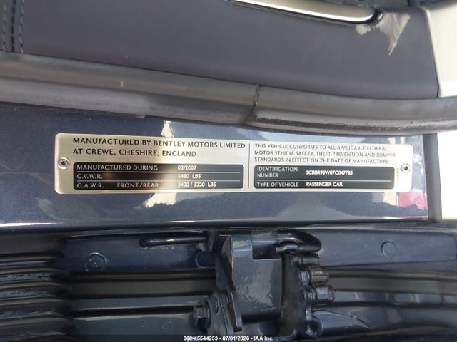 45544253 :رقم المزاد ، SCBBR93W07C047785 vin ، 2007 Bentley Continental Flying Spur مزاد بيع