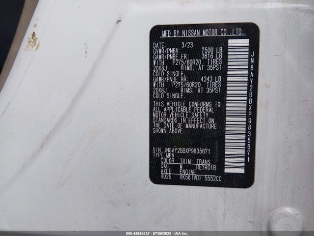 Aukcja sprzedaży 2023 Nissan Armada Sl 4wd, vin: JN8AY2BBXP9835671, numer aukcji: 45544257
