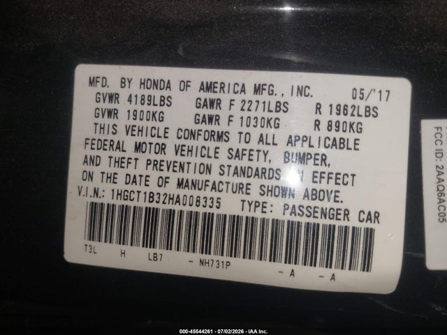 Honda Accord Lx-s 2017 1HGCT1B32HA008335 Image 9