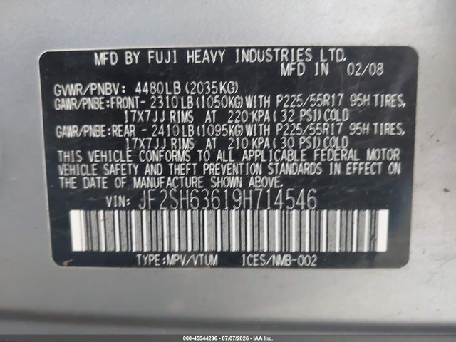2009 Subaru Forester 2.5x მანქანა იყიდება აუქციონზე, vin: JF2SH63619H714546, აუქციონის ნომერი: 45544296
