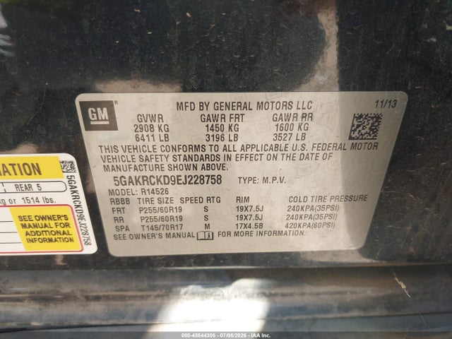 Продаж на аукціоні авто 2014 Buick Enclave Premium, vin: 5GAKRCKD9EJ228758, номер лоту: 45544305