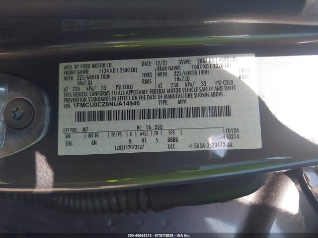 Aukcja sprzedaży 2022 Ford Escape Sel Hybrid, vin: 1FMCU0CZ8NUA14946, numer aukcji: 45544313