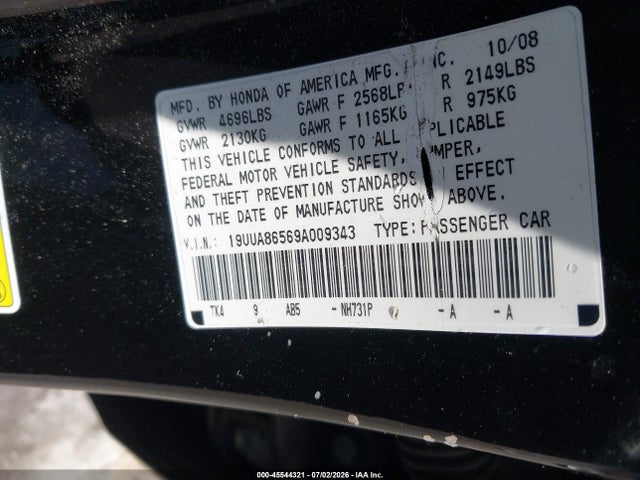 45544321 :رقم المزاد ، 19UUA86569A009343 vin ، 2009 Acura Tl 3.5 مزاد بيع