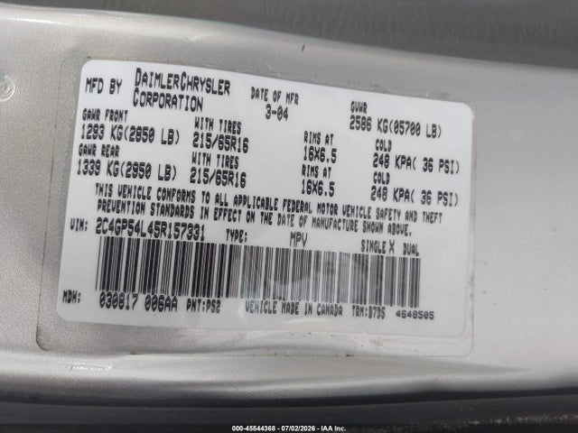 2005 Chrysler Town & Country Touring მანქანა იყიდება აუქციონზე, vin: 2C4GP54L45R157331, აუქციონის ნომერი: 45544368