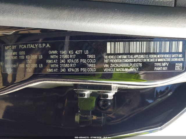 2020 Jeep Renegade Latitude Fwd მანქანა იყიდება აუქციონზე, vin: ZACNJABB8LPL63276, აუქციონის ნომერი: 45544375