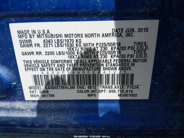 Aukcja sprzedaży 2015 Mitsubishi Outlander Sport Es, vin: 4A4AP3AW6FE041225, numer aukcji: 45544394