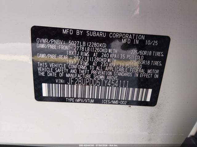 2026 Subaru Outback Limited მანქანა იყიდება აუქციონზე, vin: JF2BUPDD5TY454111, აუქციონის ნომერი: 45544398