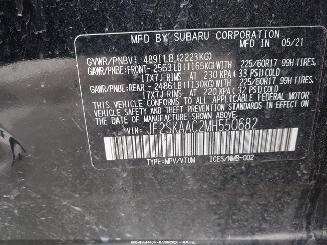Продаж на аукціоні авто 2021 Subaru Forester, vin: JF2SKAAC2MH550682, номер лоту: 45544404