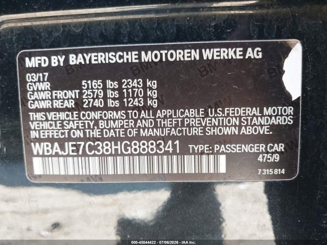 45544422 :رقم المزاد ، WBAJE7C38HG888341 vin ، 2017 Bmw 540i Xdrive مزاد بيع