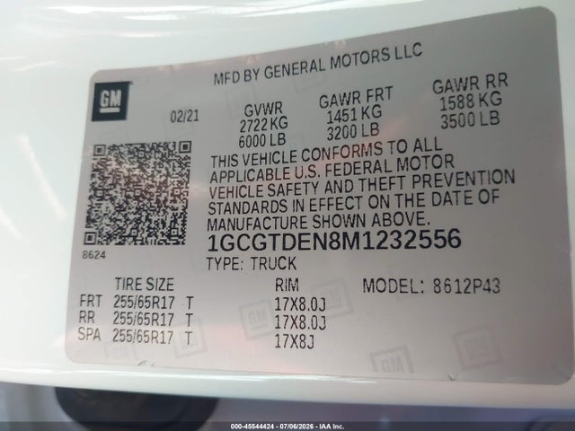 45544424 :رقم المزاد ، 1GCGTDEN8M1232556 vin ، 2021 Chevrolet Colorado 4wd  Short Box Z71 مزاد بيع