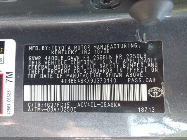 45544438 :رقم المزاد ، 4T1BE46KX9U373140 vin ، 2009 Toyota Camry Se مزاد بيع
