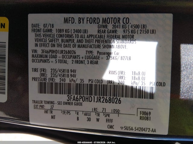 Ford FUSION SE 2018 3FA6P0HD1JR268026 Image 9