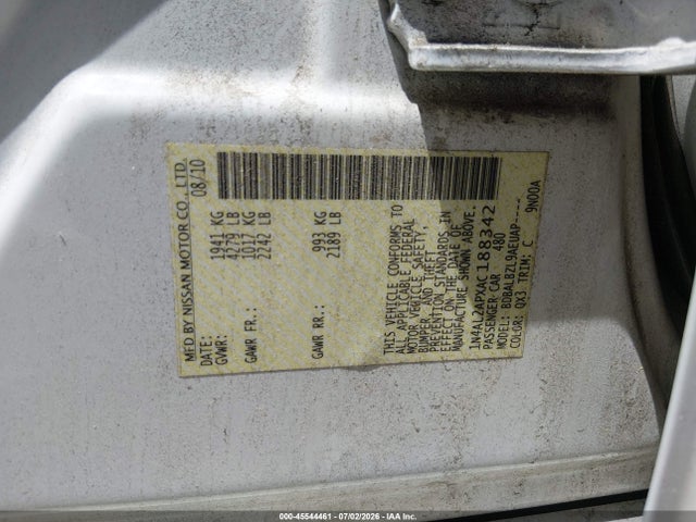 45544461 :رقم المزاد ، 1N4AL2APXAC188342 vin ، 2010 Nissan Altima 2.5 S مزاد بيع