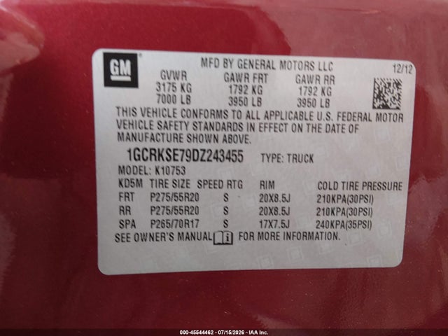 Aukcja sprzedaży 2013 Chevrolet Silverado 1500 Lt, vin: 1GCRKSE79DZ243455, numer aukcji: 45544462