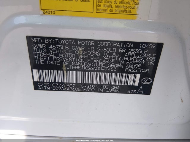 Aukcja sprzedaży 2010 Lexus Gs 350, vin: JTHBE1KS6A0047483, numer aukcji: 45544492