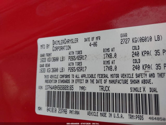 Aukcja sprzedaży 2006 Dodge Dakota Slt, vin: 1D7HW48N56S669165, numer aukcji: 45544509